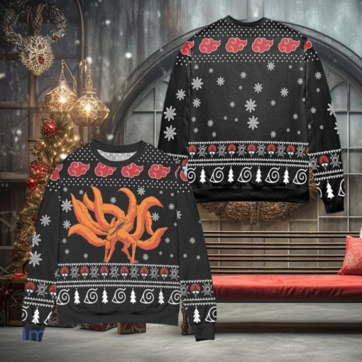Kurama Naruto Akatsuki Logo Snowflake Ugly Christmas Sweater – Black