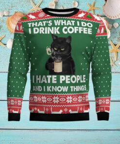 Black Cat Drink Coffee Ugly Christmas Sweater