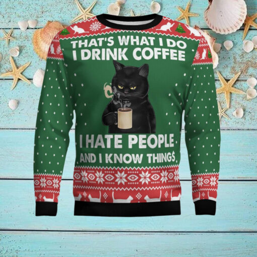Black Cat Drink Coffee Ugly Christmas Sweater