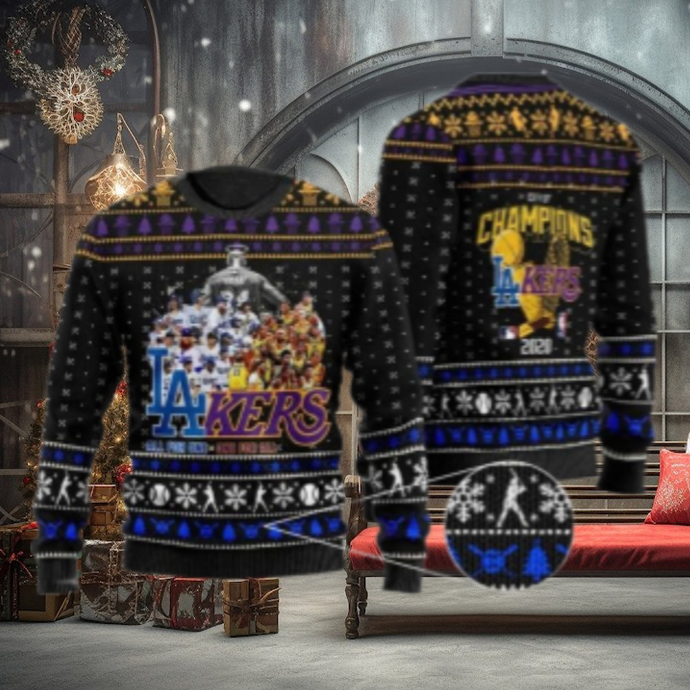 LA City of Champions Dodgers Lakers Ugly Christmas Sweater LA City of Champions Dodgers Lakers Ugly Christmas Sweater