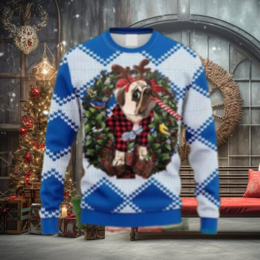 LA Dodgers Bulldog Reindeer Candy Cane Ugly Christmas Sweater