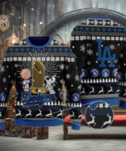 LA Dodgers World Series Trophy Ugly Christmas Sweater With Charlie Brown