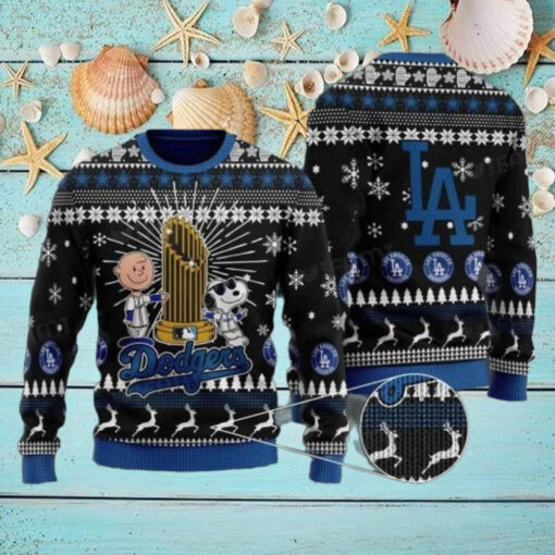 LA Dodgers World Series Trophy Ugly Christmas Sweater With Charlie Brown