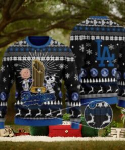 LA Dodgers World Series Trophy Ugly Christmas Sweater With Charlie Brown
