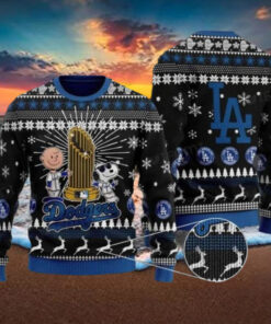 LA Dodgers World Series Trophy Ugly Christmas Sweater With Charlie Brown