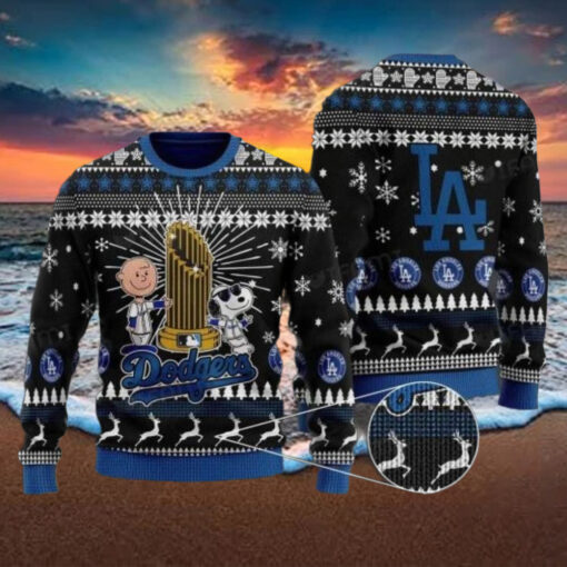 LA Dodgers World Series Trophy Ugly Christmas Sweater With Charlie Brown