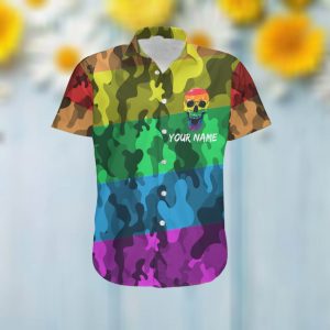 LGBT Rainbow Camouflage Skull Custom Name Women Hawaiian Aloha Shirt For Gay Lesbian Bisexual Transgender In Pride Month