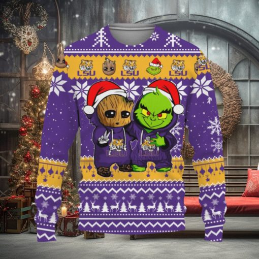 LSU Tigers Baby Groot And Grinch Best Friends Football American Knitted Xmas Sweater