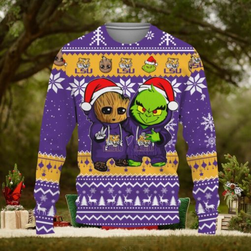 LSU Tigers Baby Groot And Grinch Best Friends Football American Knitted Xmas Sweater