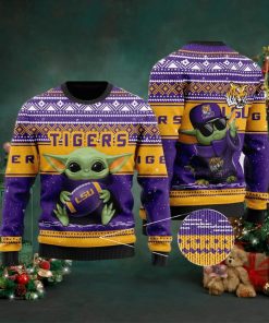 LSU Tigers Grogu Baby Yoda Hug Logo Ugly Christmas Sweater