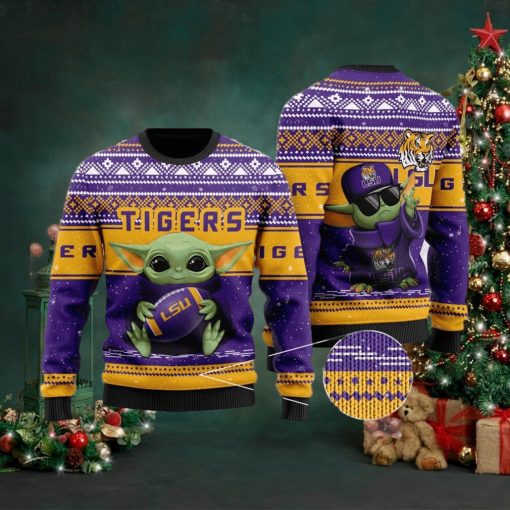 LSU Tigers Grogu Baby Yoda Hug Logo Ugly Christmas Sweater