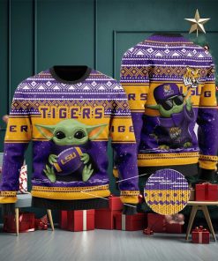 LSU Tigers Grogu Baby Yoda Hug Logo Ugly Christmas Sweater
