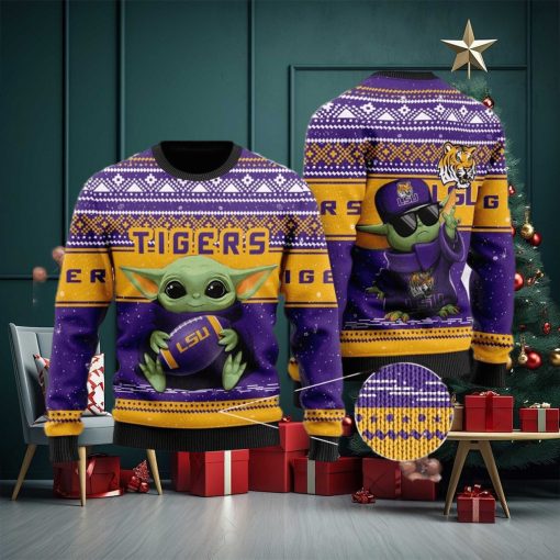 LSU Tigers Grogu Baby Yoda Hug Logo Ugly Christmas Sweater