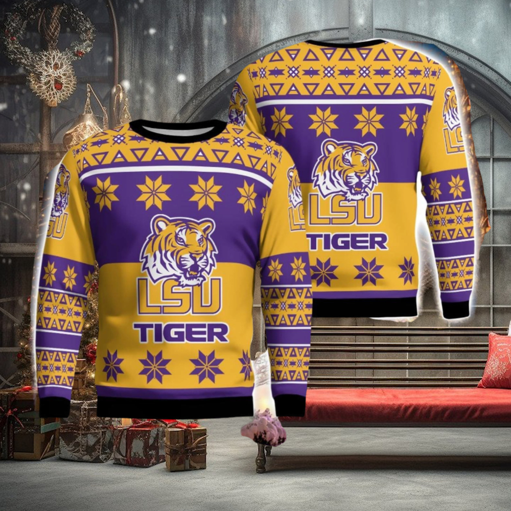 LSU Tigers Logo Big Snowflake Pattern Ugly Christmas Sweater LSU Tigers Logo Big Snowflake Pattern Ugly Christmas Sweater