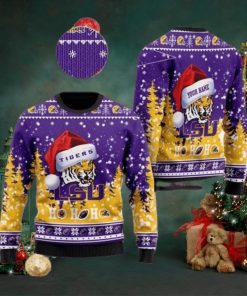 LSU Tigers NCAA Santa Claus Hat Ho Ho Ho 3D Custom Name Ugly Christmas Sweater