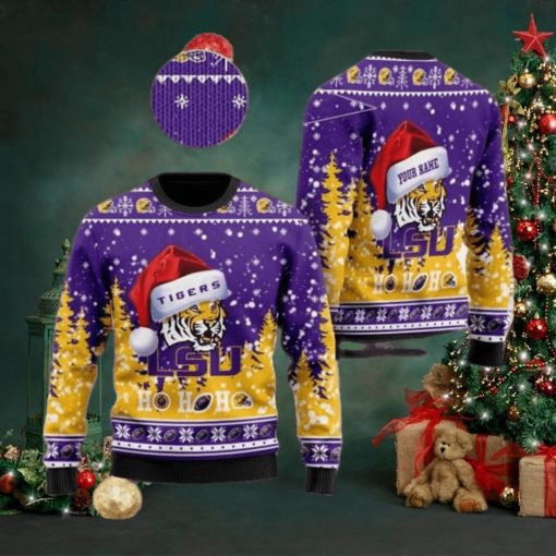 LSU Tigers NCAA Santa Claus Hat Ho Ho Ho 3D Custom Name Ugly Christmas Sweater
