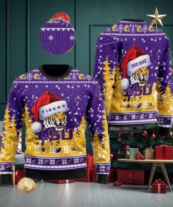 LSU Tigers NCAA Santa Claus Hat Ho Ho Ho 3D Custom Name Ugly Christmas Sweater