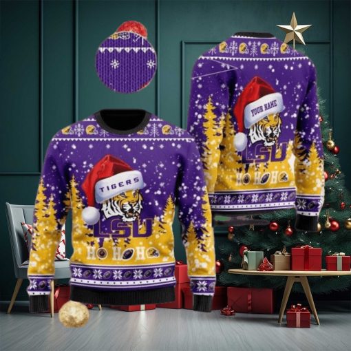 LSU Tigers NCAA Santa Claus Hat Ho Ho Ho 3D Custom Name Ugly Christmas Sweater