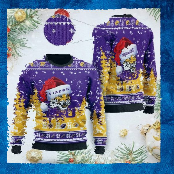 LSU Tigers NCAA Symbol Wearing Santa Claus Hat Cute Pattern Ho Ho Ho Custom Personalized Ugly Christmas Sweater Wool Shirt