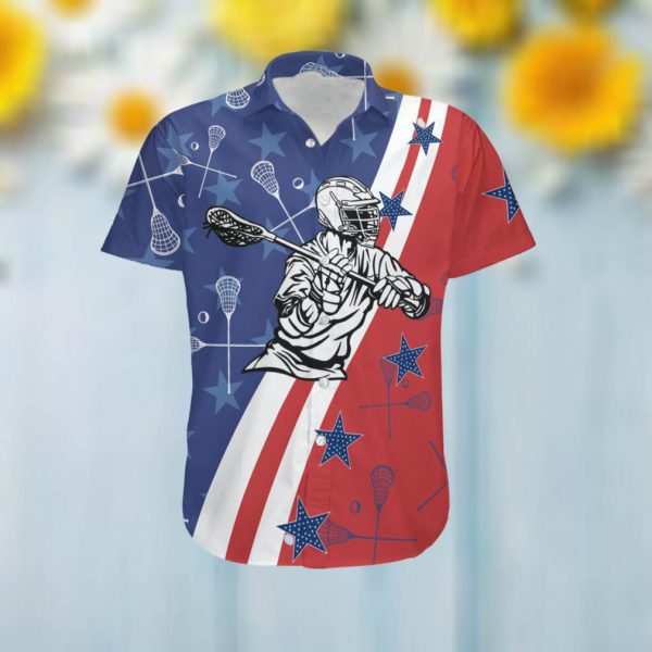 Lacrosse Player American Flag Custom Name Men Hawaiian Aloha Tropical Beach Button Up Shirt For Sport Lovers