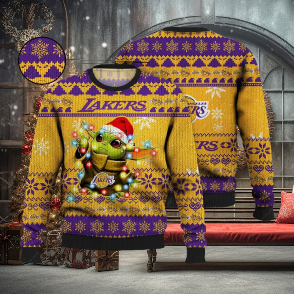 Lakers Ugly Sweater Baby Yoda Star Wars 3D Ugly Christmas Sweater Presents  Christmas For Men And Women - Limotees