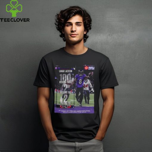 Lamar Jackson Baltimore Ravens The Third Career 100 Rush Yard Game In The Playoffs Most By A Quarterback In NFL History MVP Of The Divisional Round 2024 Classic T Shirt