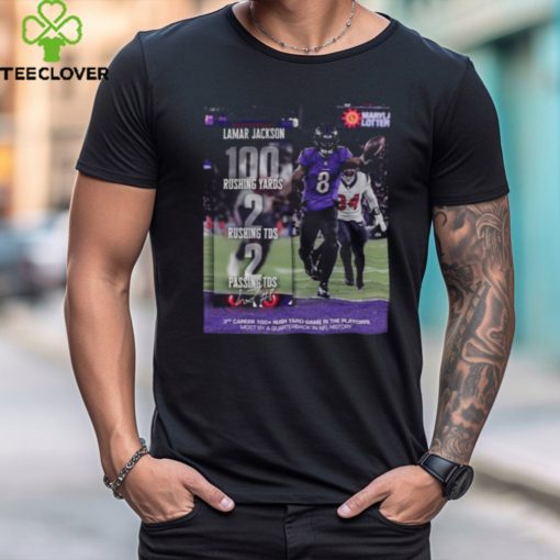 Lamar Jackson Baltimore Ravens The Third Career 100 Rush Yard Game In The Playoffs Most By A Quarterback In NFL History MVP Of The Divisional Round 2024 Classic T Shirt