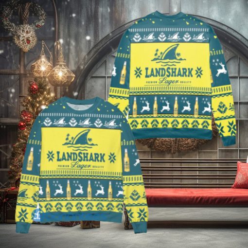 Landshark Lager Beer Logo Reindeer Pattern Yellow Blue Ugly Christmas Sweater Christmas Gift For Men And Women