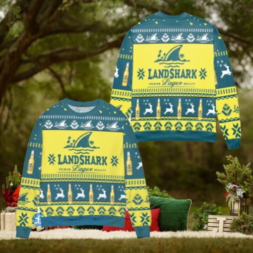 Landshark Lager Beer Logo Reindeer Pattern Yellow Blue Ugly Christmas Sweater Christmas Gift For Men And Women