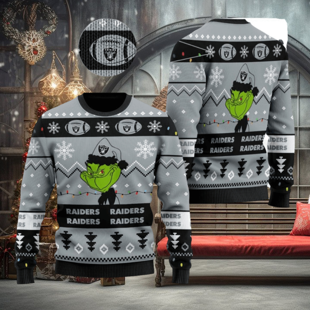 Las Vegas Raiders American NFL Football Team Logo Cute Grinch Ugly Christmas Sweater Las Vegas Raiders American NFL Football Team Logo Cute Grinch Ugly Christmas Sweater