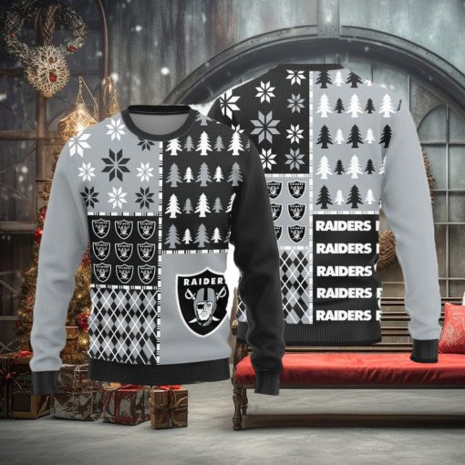 Las Vegas Raiders Christmas Pine Trees Pattern Knitted Ugly Christmas Sweater AOP Gift For Men And Women