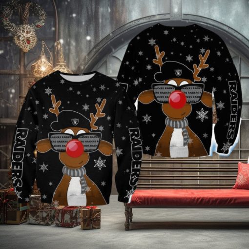 Las Vegas Raiders Christmas Reindeer Sunglasses Mittens All Over Print 3D Sweater For Fans Gift Christmas