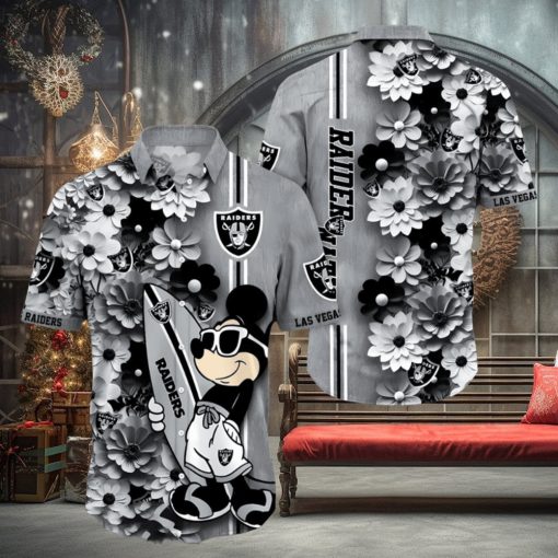 Las Vegas Raiders Surfboard Parttern Mickey Mouse Flower Hawaiian Shirt