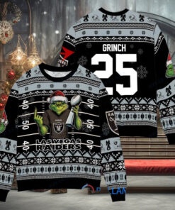 Las Vegas Raiders x Grinch Christmas Dr. Seuss How the Grinch Stole Christmas with Super Bowl Trophy Custom Ugly Christmas Sweater