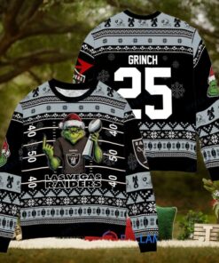 Las Vegas Raiders x Grinch Christmas Dr. Seuss How the Grinch Stole Christmas with Super Bowl Trophy Custom Ugly Christmas Sweater