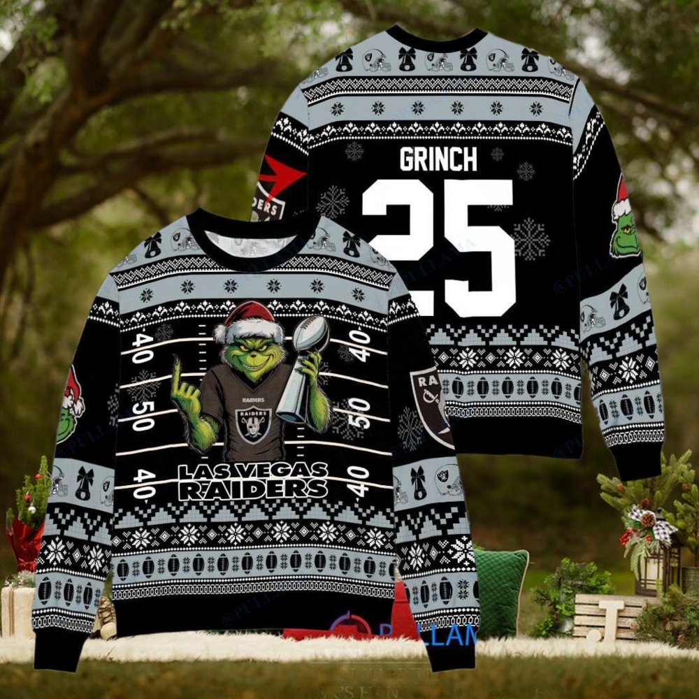 Las Vegas Raiders x Grinch Christmas Dr. Seuss How the Grinch Stole Christmas with Super Bowl Trophy Custom Ugly Christmas Sweater Las Vegas Raiders x Grinch Christmas Dr. Seuss How the Grinch Stole Christmas with Super Bowl Trophy Custom Ugly Christmas Sweater