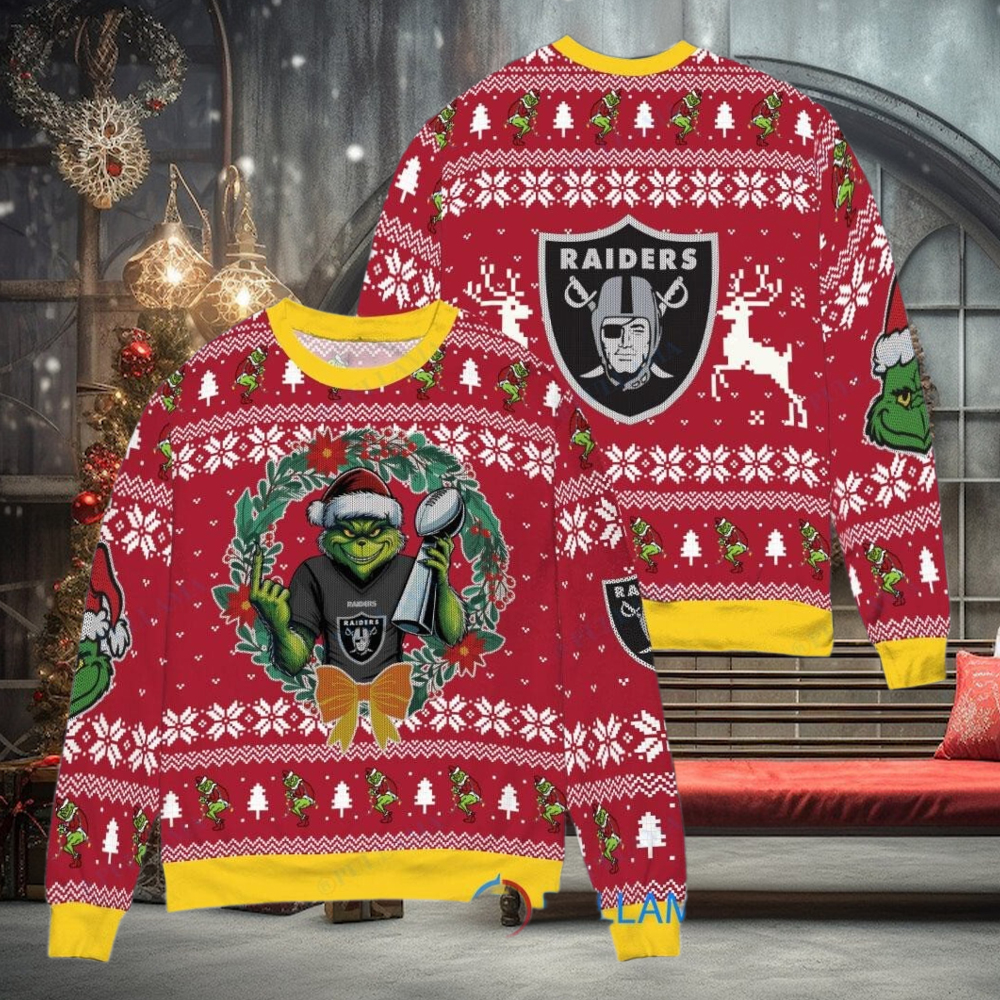 Las Vegas Raiders x Grinch NFL Dr. Seuss How the Grinch Stole Christmas with Super Bowl Trophy Ugly Christmas Sweater Red Las Vegas Raiders x Grinch NFL Dr. Seuss How the Grinch Stole Christmas with Super Bowl Trophy Ugly Christmas Sweater Red