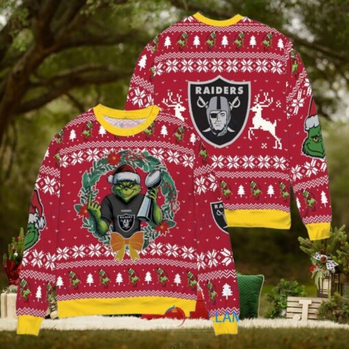 Las Vegas Raiders x Grinch NFL Dr. Seuss How the Grinch Stole Christmas with Super Bowl Trophy Ugly Christmas Sweater Red