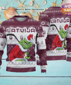 Latvia Ice Hockey Team Grinch Hockey Stick Ugly Christmas Sweater