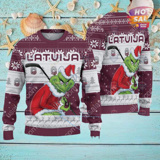 Latvia Ice Hockey Team Grinch Hockey Stick Ugly Christmas Sweater