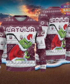 Latvia Ice Hockey Team Grinch Hockey Stick Ugly Christmas Sweater