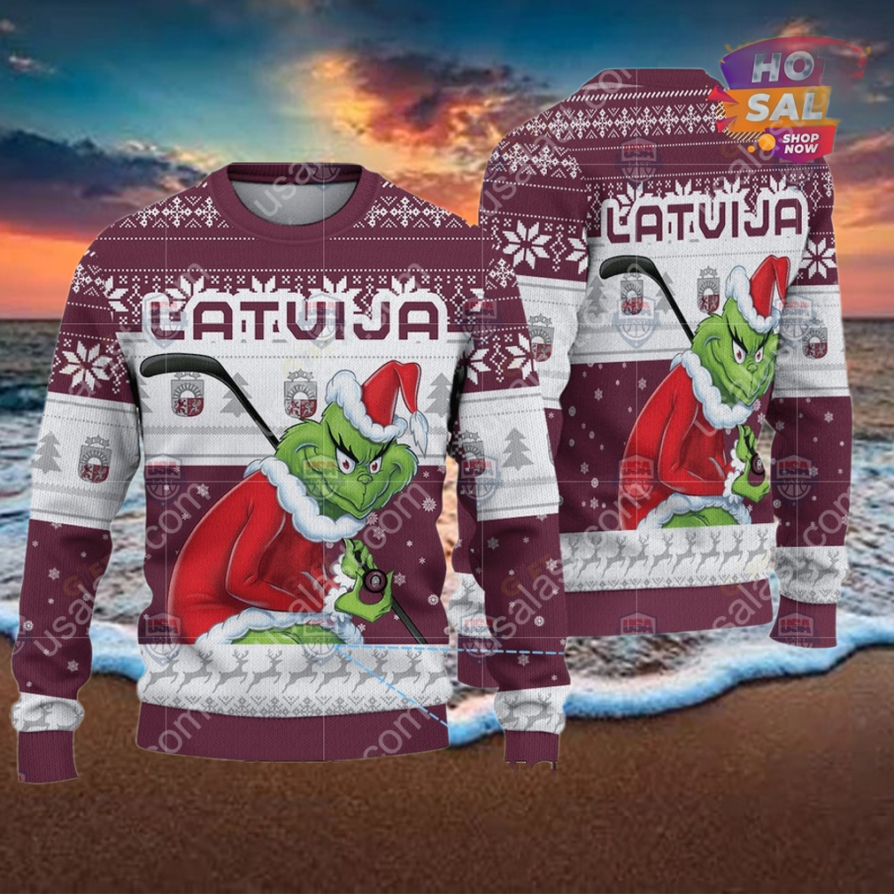 Latvia Ice Hockey Team Grinch Hockey Stick Ugly Christmas Sweater Latvia Ice Hockey Team Grinch Hockey Stick Ugly Christmas Sweater