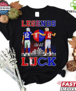 Legends Luck Indianapolis Colts Graphics Shirt featuring a bold design honoring legendary quarterback Andrew Luck and celebrating his legacy with the Indianapolis Colts.