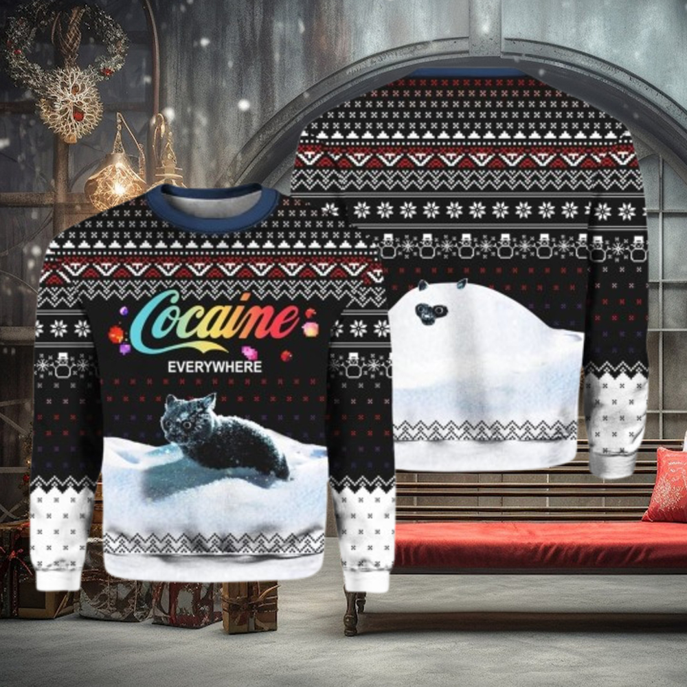 Let It Snow Cat Cocaine Everywhere Ugly Christmas Sweater Let It Snow Cat Cocaine Everywhere Ugly Christmas Sweater