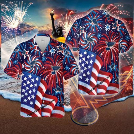 Limited NHL St. Louis Blues US Flag Pattern Firework Memory Men Women AOP Hawaiian Shirt