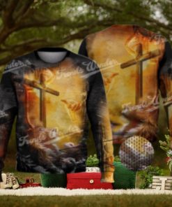 Lion Jesus Cross Sunrise Trending Christianity 3D Full Print Ugly Sweater Christmas Gift Sweater