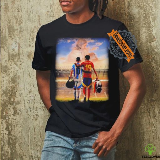Lionel Messi and Lamine Yamal Champions shirt