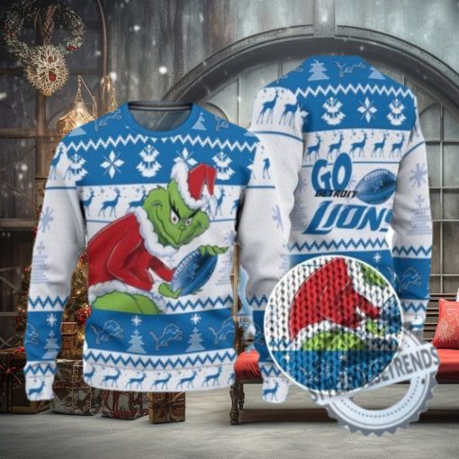 Lions Ugly Sweater Pine Trees And Reindeer Grinch Football Ugly Sweater American Football Ugly Sweater