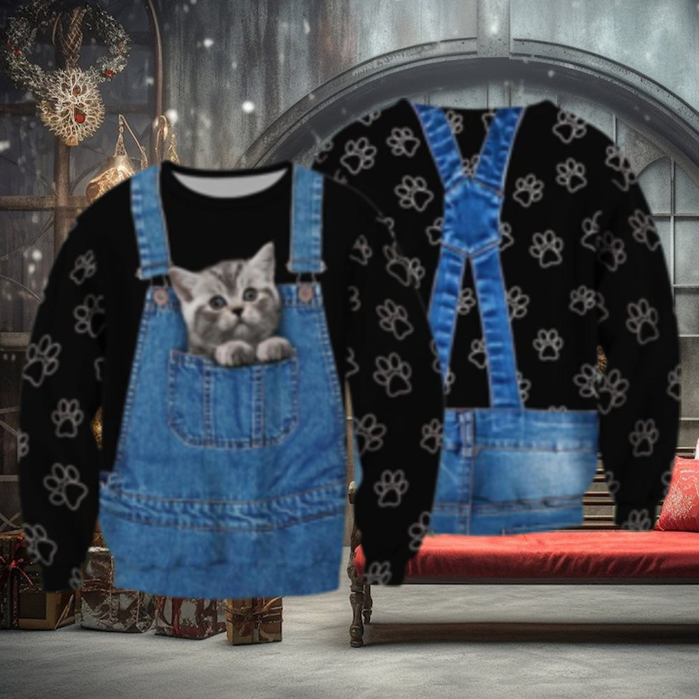 Little Cat In The Pocket Overall 3D Full Print Ugly Sweater Christmas Gift Sweater Little Cat In The Pocket Overall 3D Full Print Ugly Sweater Christmas Gift Sweater