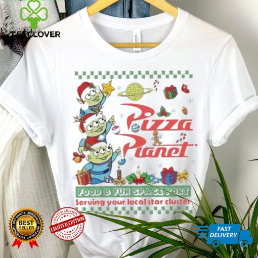 Little Green Aliens Pizza Pianel Food And Fun Space Port Serving Your Local Star Cluster Christmas shirt